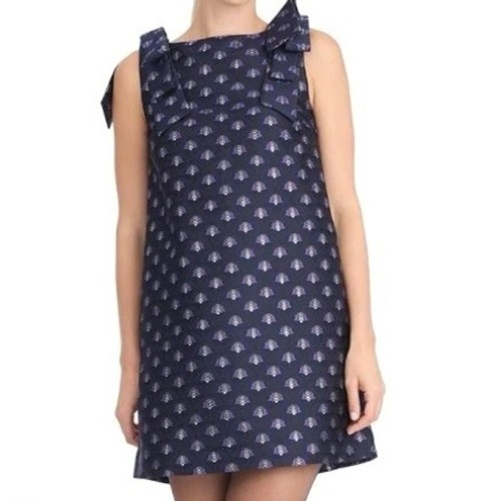DRAPER JAMES NWT Women 6 Navy Purple Fan Floral Jacquard Bow Shoulder Mini Dress